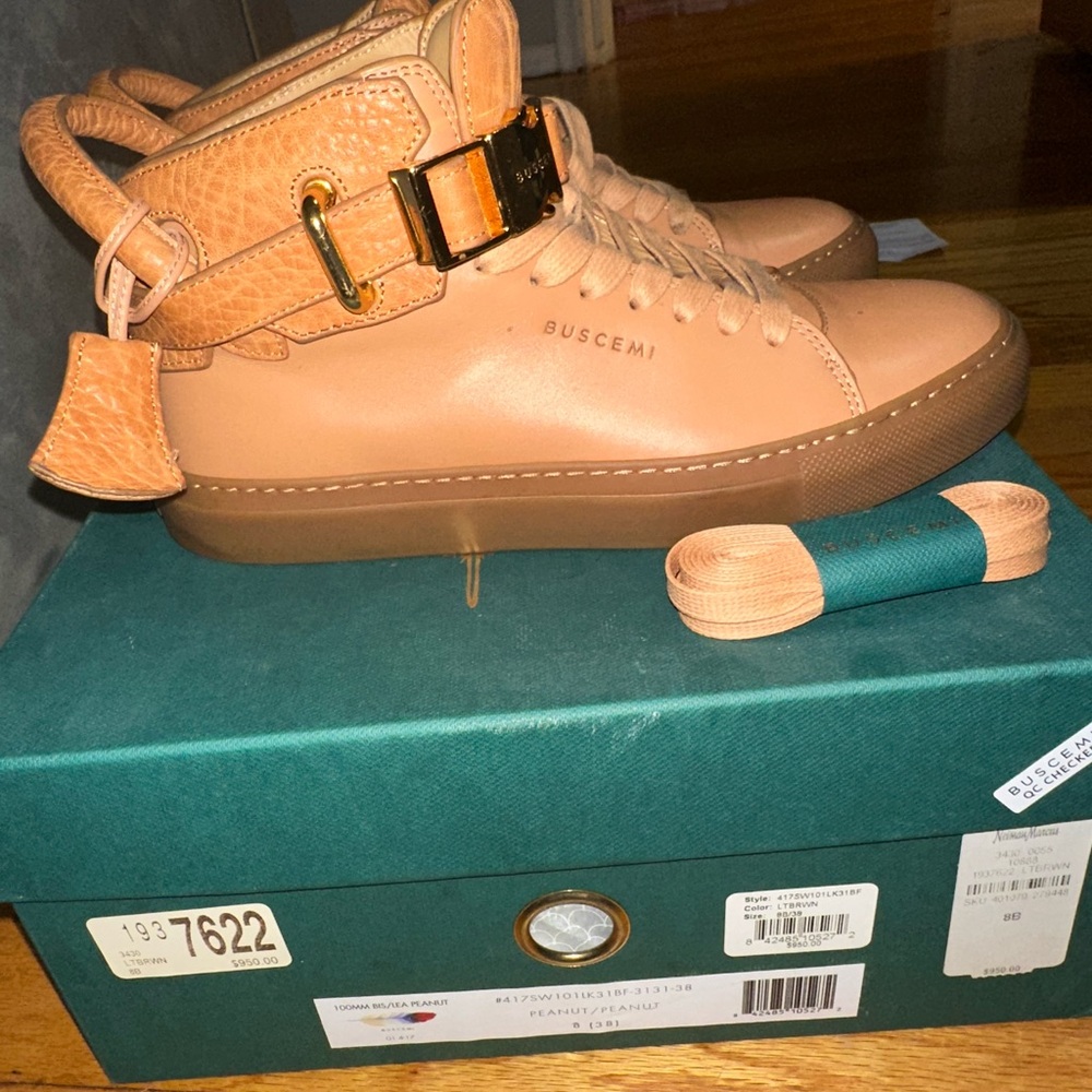 Buscemi Camel Leather High-Tops with Gold Buckle